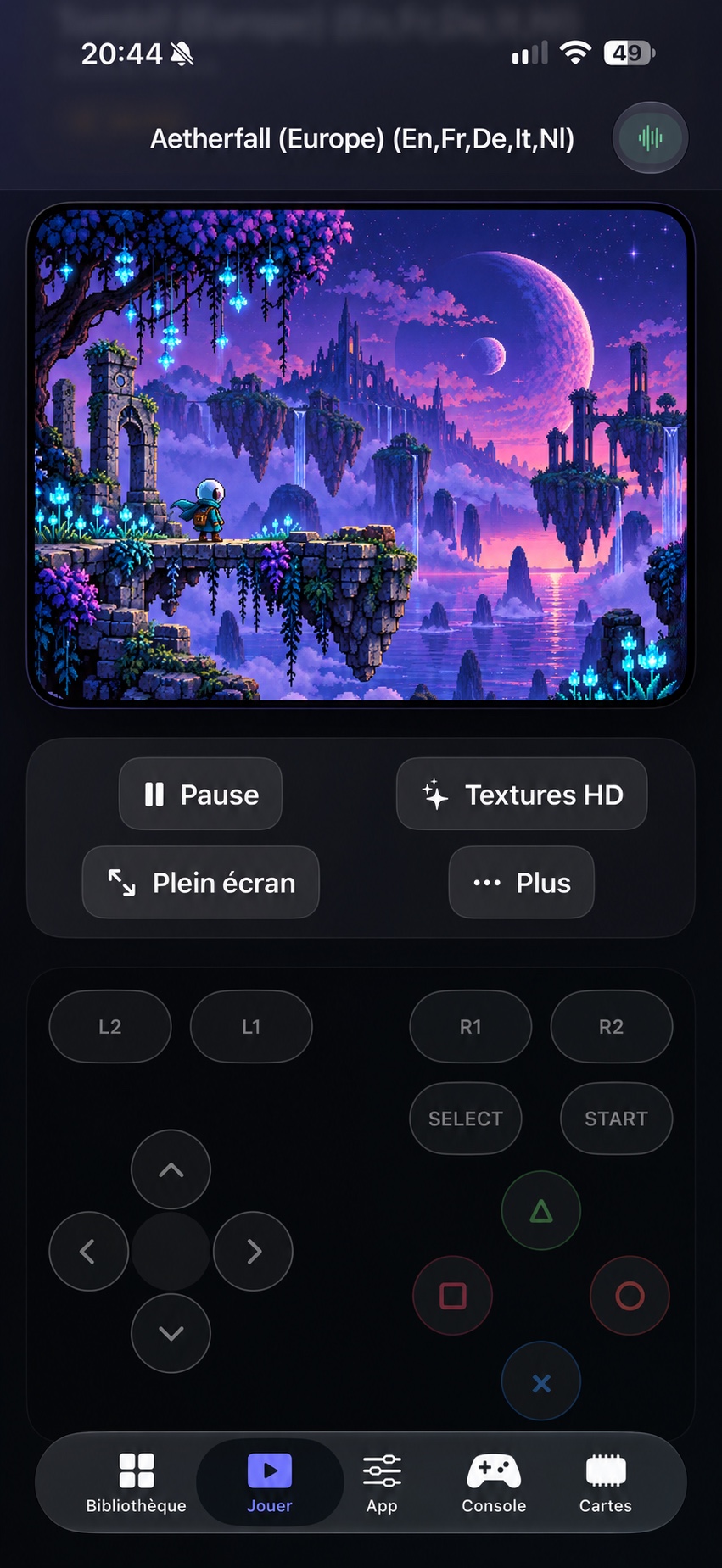 Full AetherPSX iPhone app mockup with original pixel art inside the game display.