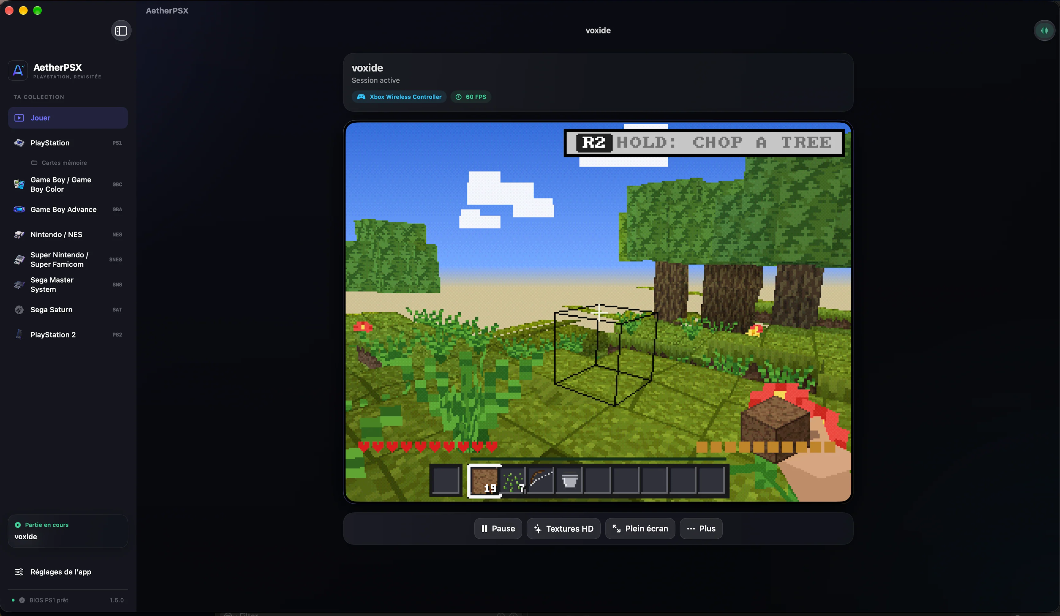 AetherPSX Mac screenshot showing a VoXide session, an open-source PlayStation survival game.